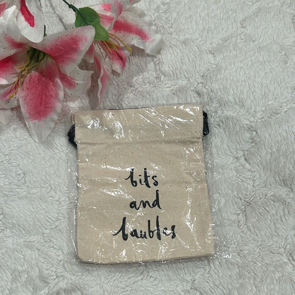 kate spade Bits & Baubles Cream Canvas Jewelry Pouch Black Ribbon Drawstring
